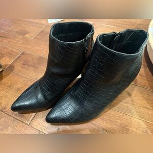 Black Croc-Embossed Pointed Toe Ankle Boots - Women